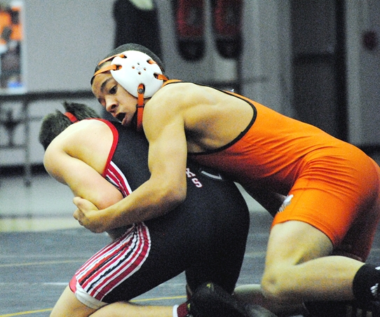 Marshfield's Devon Klement controls Wausau East's Patrick Witz on his way to a 4-0 win in the 120-pound match of Thursday's wrestling dual at Marshfield High School. (Photo by Paul Lecker/MarshfieldAreaSports.com)