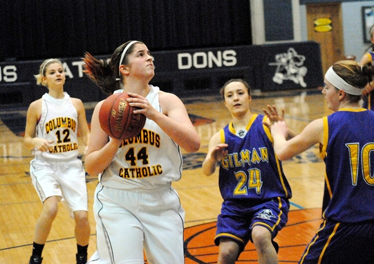 Columbus Catholic's Hannah Kruse eyes the basket during Thursday's girls basketball game against Gilman at Columbus Catholic High School. (Photo by Paul Lecker/MarshfieldAreaSports.com)