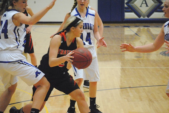 Stratford guard Savannah Schillinger is surrounded by three Auburndale defenders during the second half of Friday night's game at Auburndale High School. The Apaches won 38-30. (Photo by Paul Lecker/MarshfieldAreaSports.com)