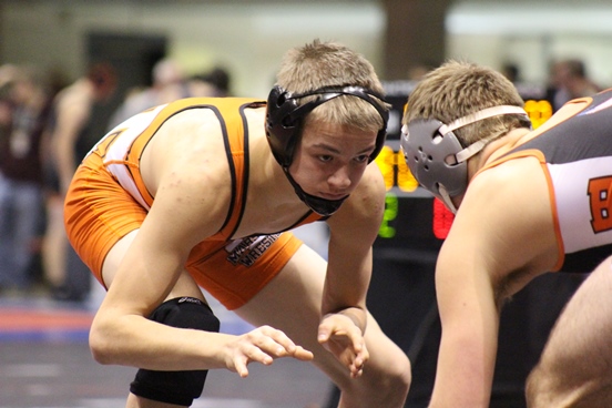 Marshfield's Nolan Hertel squares off in a match at the WIAA Division 1 individual sectional Saturday at D.C. Everest High School. Hertel qualified for next week's state tournament with a second-place finish at 138 pounds. (Photo by Alex Hein/Marshfield Wrestling)