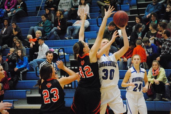 Auburndale's Paiton Richardson puts up a shot during a game earlier this season against Stratford. Auburndale has won 11 games in a row heading into its Marawood South finale Friday at Pittsville. (Photo by Paul Lecker/MarshfieldAreaSports.com)